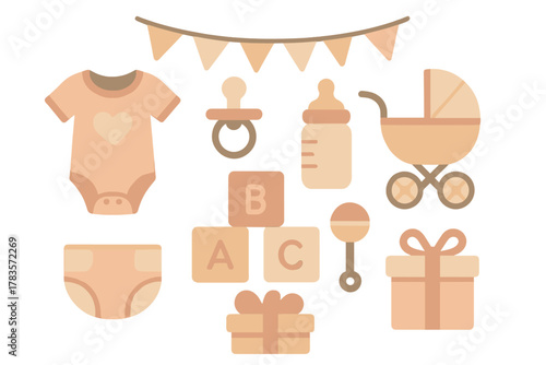 Cute collection of newborn baby essentials including onesie stroller bottle and toys