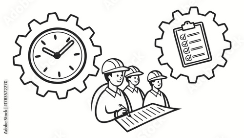 A group of construction workers are planning the project, with a clock and checklist in the background