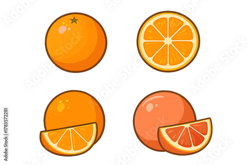 Assortment of whole and sliced citrus fruits including orange and grapefruit