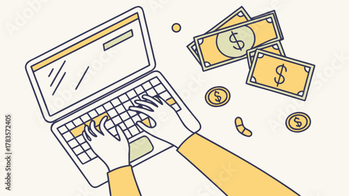 Online earnings concept hands typing on a laptop with money around, illustrating the idea of making money online and working from home