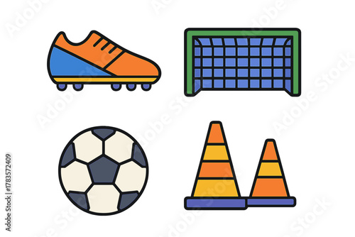 Essential soccer and football equipment set including cleat, ball, goal, and training cones