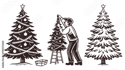 A man decorates a christmas tree with ornaments and lights, standing on a ladder, with two other decorated trees
