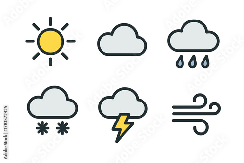 Weather forecast symbols depicting sunny, cloudy, rainy, snowy, stormy, and windy conditions
