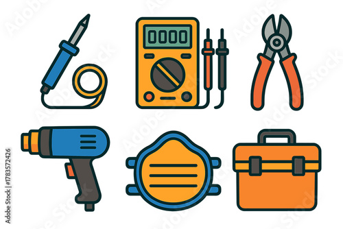 Electronic repair tools set with soldering iron, multimeter, heat gun, and safety mask