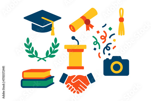 Collection of icons representing academic success, graduation ceremony, and educational achievement