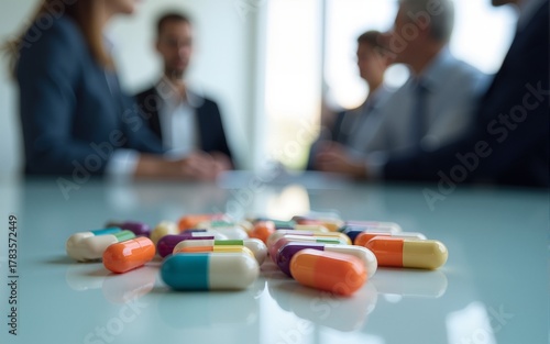 Colorful Pill Display on Reflective Surface with Blurred Business Team in Background. High quality