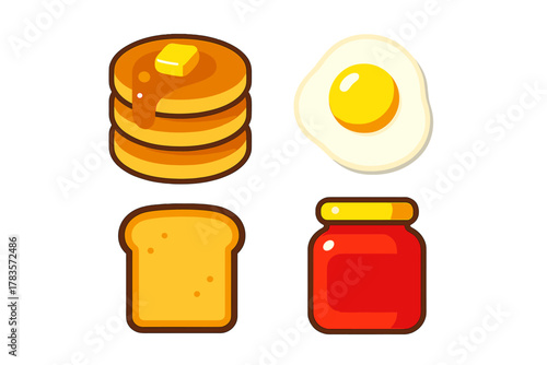 Delicious breakfast food set featuring pancakes, fried egg, toast, and jam