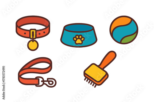 Pet care accessories set including collar, leash, food bowl, toy, and grooming brush