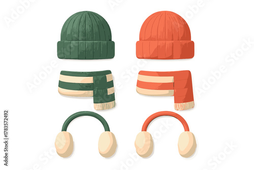 Winter warm clothing set featuring knit hats scarves and earmuffs in green and orange colors
