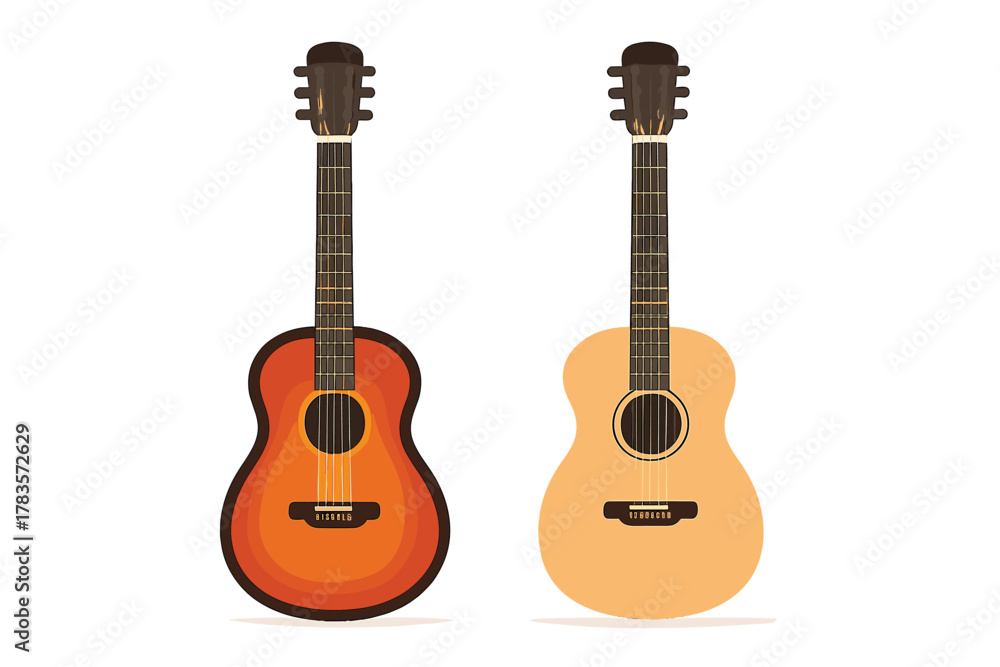 Obraz premium Two classical acoustic guitars featuring natural wood and sunburst orange finishes