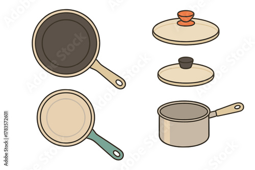 Retro kitchen cooking equipment set featuring frying pans, saucepan, and pot lids