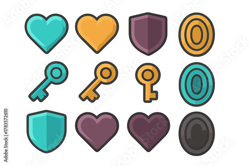 Colorful icons featuring hearts, keys, shields, and targets for game design interface