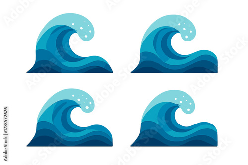 Four stylized ocean waves with layered blue colors and white foam crests