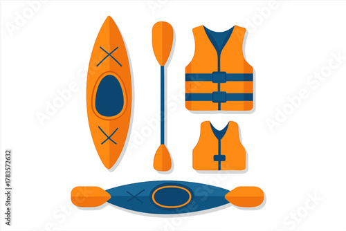 Essential water sports equipment set including kayak, paddle, and safety life vests