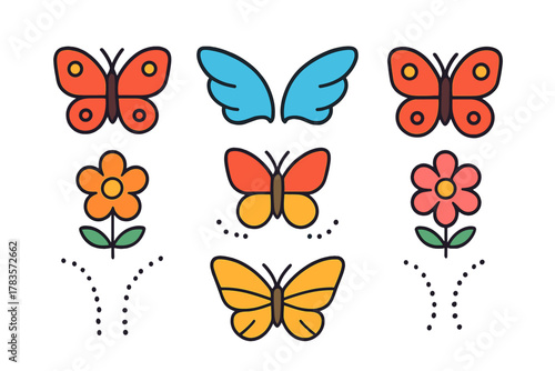 Stylized collection of colorful butterflies, flowers, and separate wings