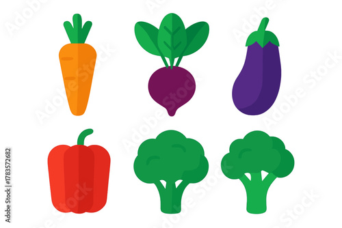 Fresh organic vegetables set including carrot, beetroot, eggplant, bell pepper, and broccoli