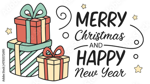 A festive illustration featuring a stack of colorful gift boxes and a cheerful merry christmas and happy new year message