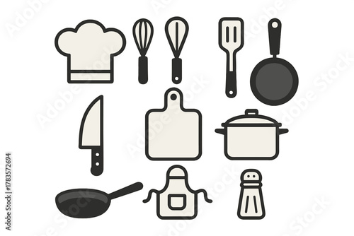 Set of essential kitchen cooking tools and utensils including chef hat apron knife pot and pan