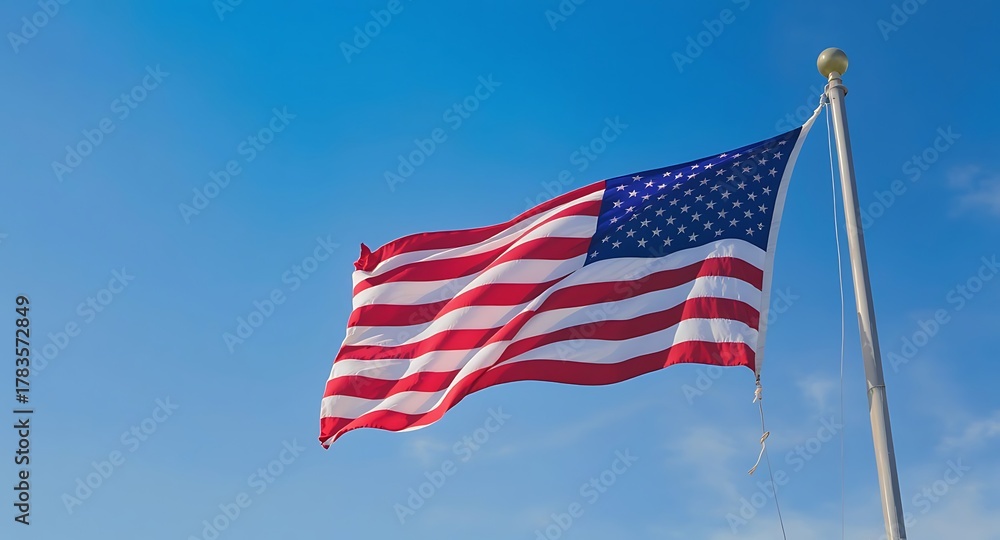 Fototapeta premium American Flag Waving Proudly Against a Bright Blue Sky on a Sunny Day.