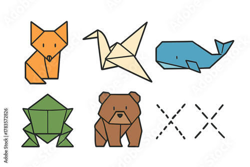 Colorful geometric origami animals collection featuring fox, crane, whale, frog, and bear shapes