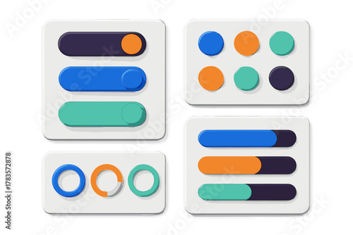 Modern graphical user interface components set with vibrant colors and soft rounded shapes