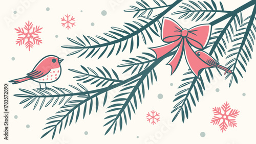 A festive winter scene with a robin perched on a pine branch adorned with a pink bow and snowflakes, creating a cheerful christmas illustration