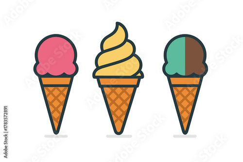 Collection of three colorful ice cream cones with different flavors and styles