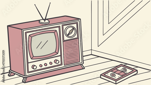 Retro television set with antenna and video cassette in the corner of a room, evoking nostalgia for vintage technology and home entertainment