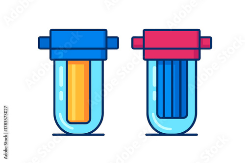 Two colorful water purification filters showing different internal cartridge types for home plumbing systems