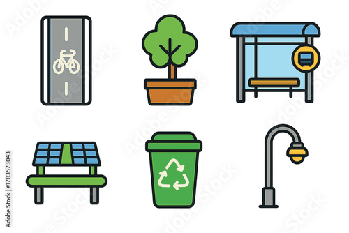 Set of urban infrastructure and environmental sustainability icons for public transport and green energy