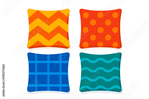 Vibrant collection of four square throw pillows displaying diverse geometric and abstract textile designs