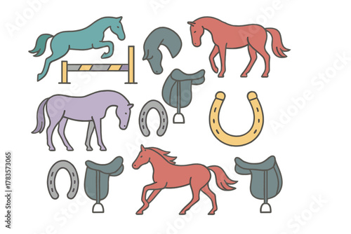 Colorful horses in various poses with equestrian equipment and riding gear