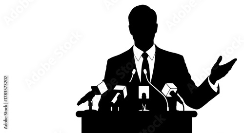 Black silhouette of a speaker at a podium addressing an audience with microphones