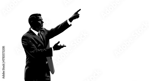 Man in suit pointing up with one hand and gesturing with the other