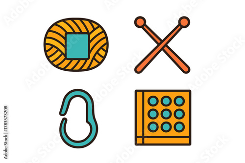 Knitting and crafting supplies icons featuring yarn ball, crossed needles, and sewing accessories