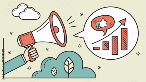A hand holding a megaphone to promote business growth, with a speech bubble showing positive feedback and an upwardtrending bar graph