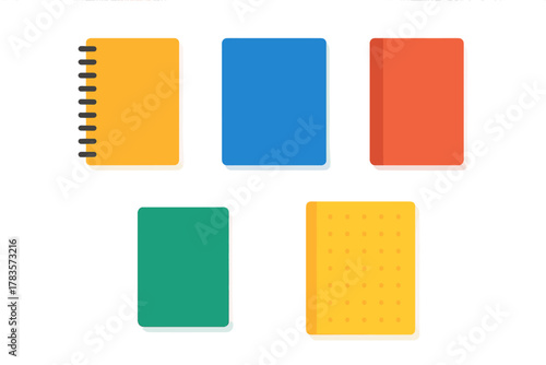 Set of five colorful minimalist notebooks and journal covers with various binding styles