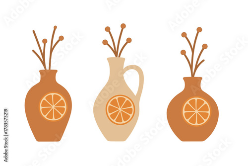 Set of three decorative ceramic vessels with orange fruit slices and abstract botanical elements