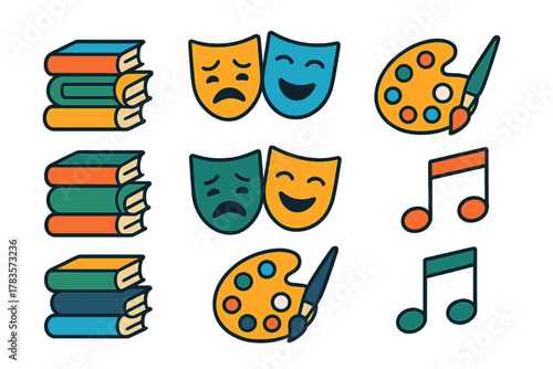 Colorful icon collection representing arts, culture, literature, theater, and music education