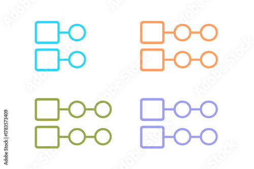 Abstract colorful flowchart diagrams showing connections between square and circle nodes