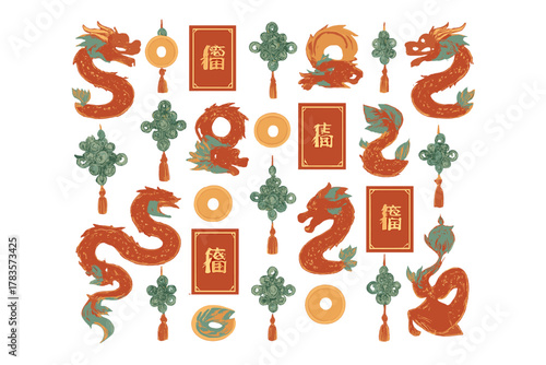 Seamless pattern of traditional Chinese New Year symbols featuring dragons lucky knots and red envelopes