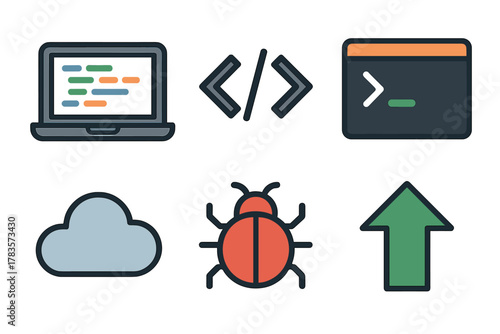 Colorful icons set for software development, coding, cloud technology, and debugging