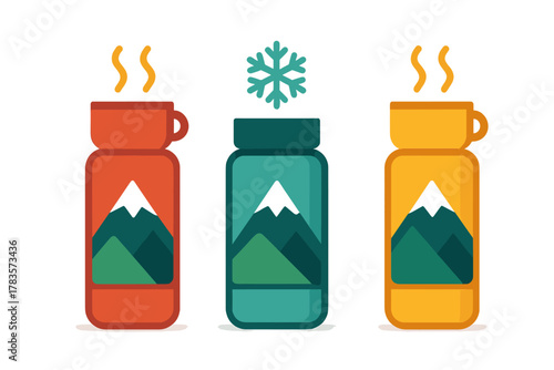 Set of three colorful insulated thermoses with mountain landscape designs for hot and cold drinks