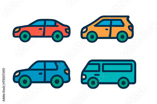 Four colorful passenger vehicles including sedan, SUV, hatchback, and minivan