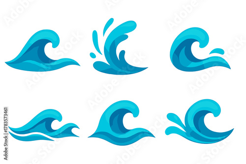 Six blue stylized ocean waves and water splashes for marine design elements