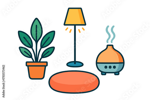 Indoor comfort items collection featuring a houseplant, floor lamp, and essential oil diffuser
