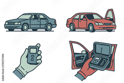 Automotive security and diagnostic tools featuring sedan cars and handheld electronic devices