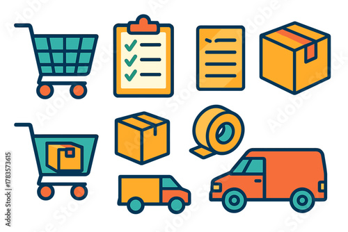 E-commerce logistics icons featuring shopping cart, delivery van, boxes, checklist, and packing tape