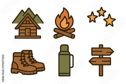 Cabin, campfire, hiking boots, and signpost symbols for outdoor adventure and camping