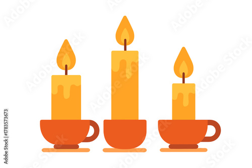 Row of three glowing yellow wax candles in decorative orange ceramic holders